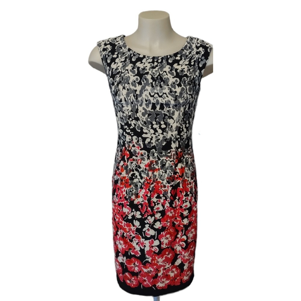 ILE New York Dress Woman's Size 8 Sheath Floral Stretch Zipper Black White Red